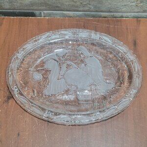Vintage Clear Frosted Serving Dish Plaque Glass Oval Nativity Scene
